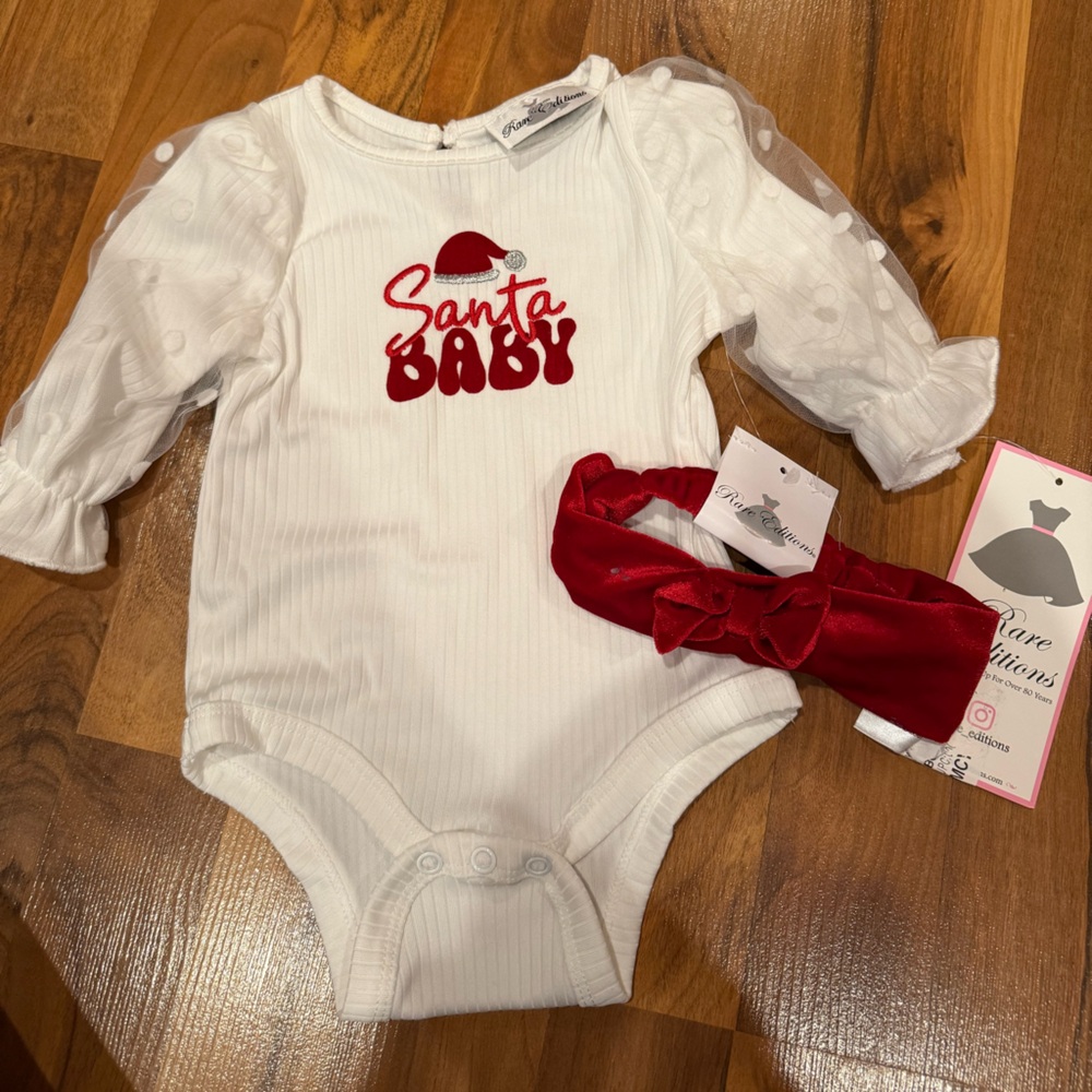 Rare editions long sleeve Christmas holiday onesie‎ and matching headband 6-9